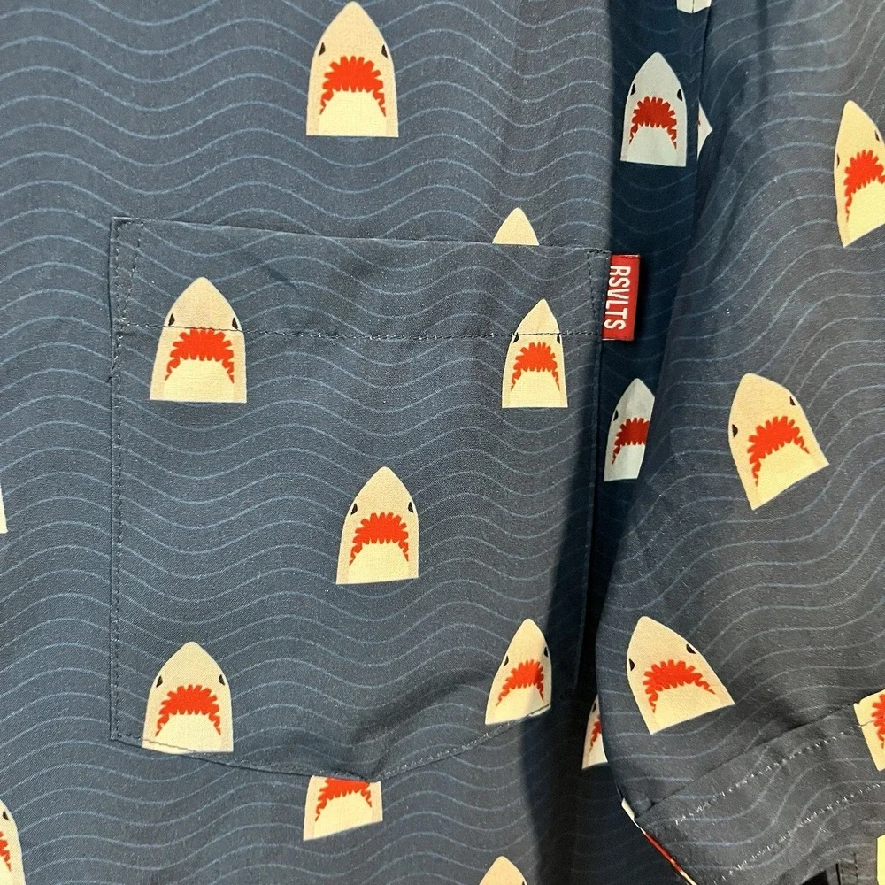 RSVLTS Men's Shirt Size XL Chomp Shark Shirt Short Sleeve Blue Button Up Summery - Picture 3 of 11